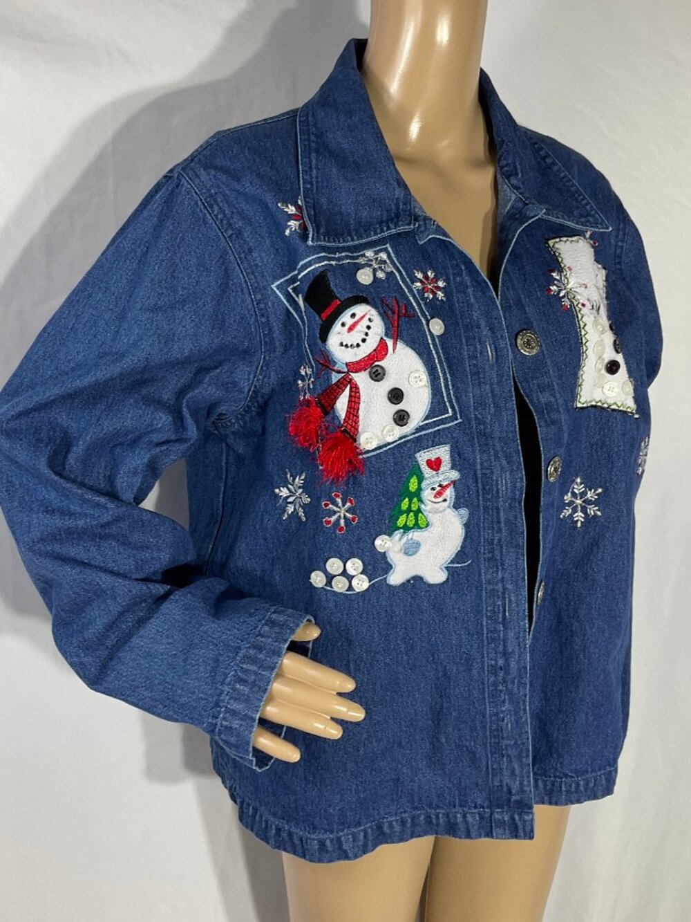 Keren Hart Sz L Jean Jacket Christmas Shirt Womens Denim Xmas Snow Vintage Y2K
